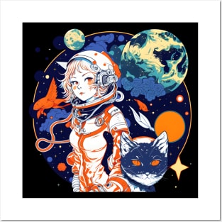 Cat & Girl in Space Fantastic Retro Cat Lover Posters and Art